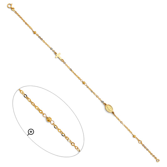 14K Yellow Gold Cross and Guadalupe Medal Beaded Bracelet