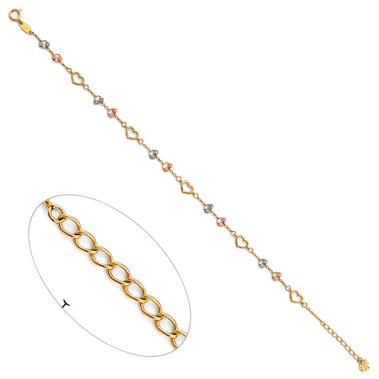 14K Tri-Color Gold Heart and Butterfly Design Anklet