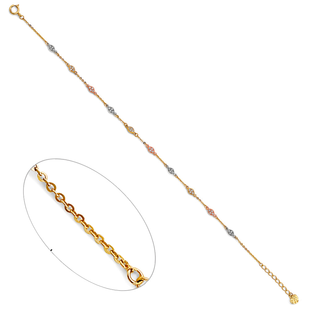14K Tri-Color Gold CZ Marquise Design Anklet