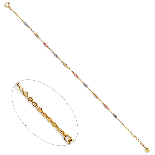 14K Tri-Color Gold CZ Marquise Design Anklet