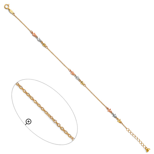 14K Tri-Color Gold Star Design Anklet