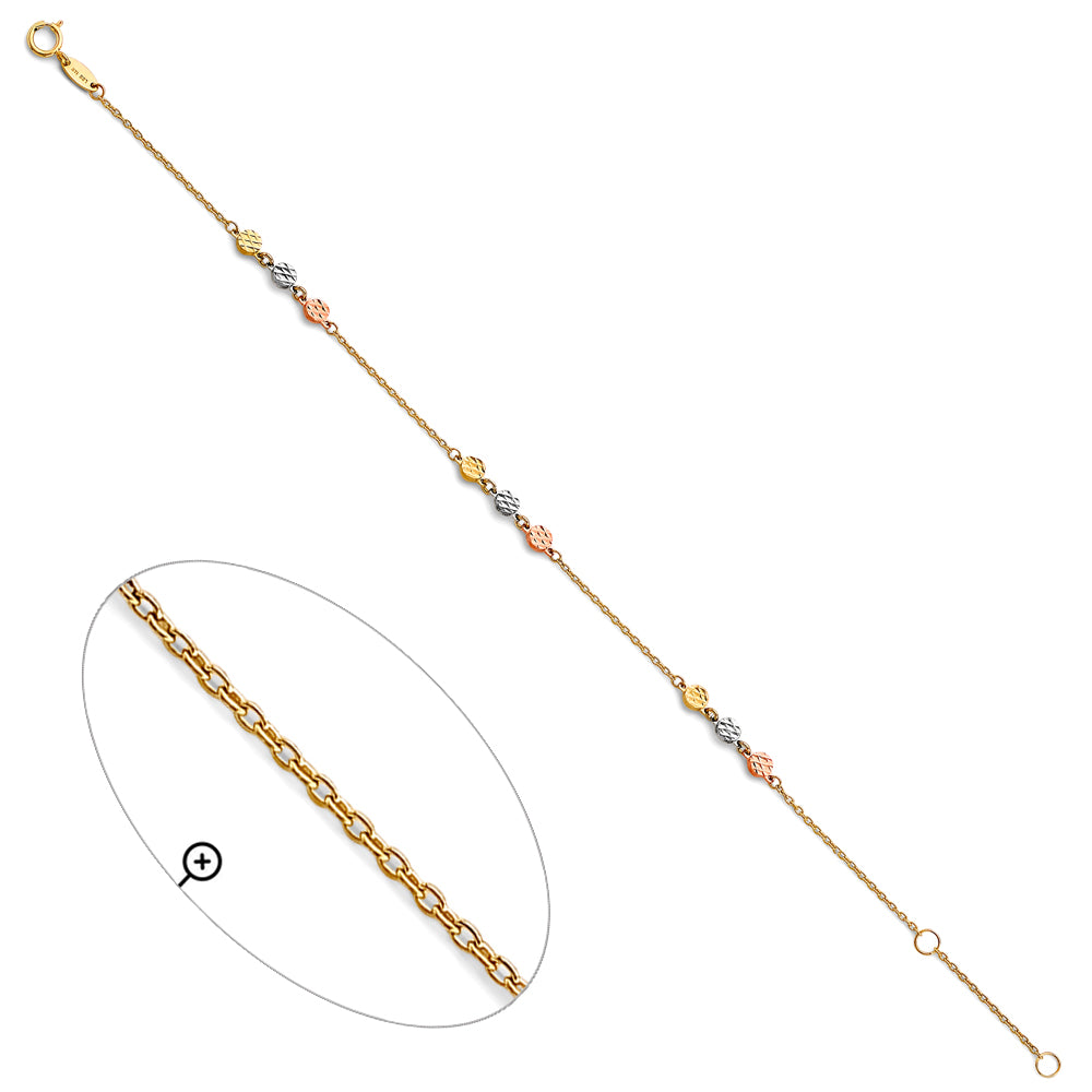 14K Tri-Color Gold Diamond-Cut Bead Design Anklet