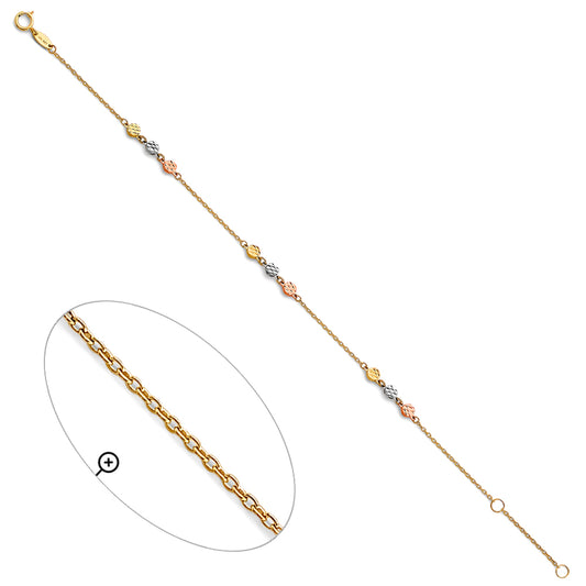 14K Tri-Color Gold Diamond-Cut Bead Design Anklet