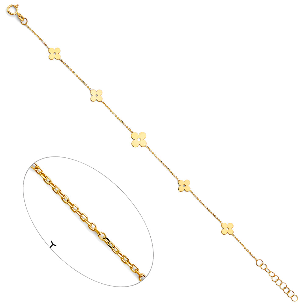 14K Yellow Gold Clover Design Anklet