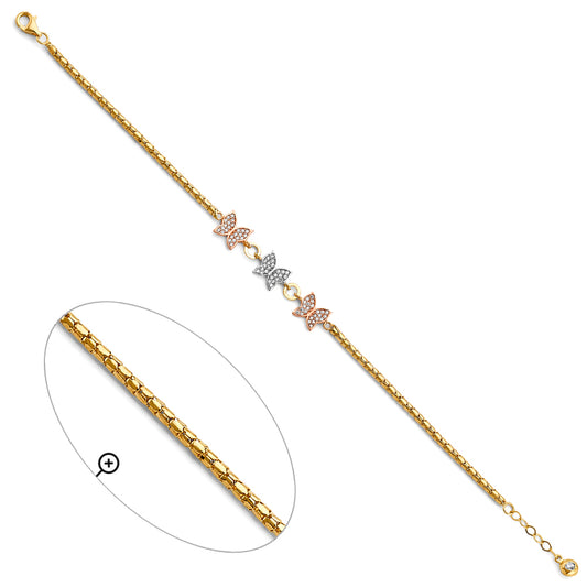 14K Tri-Color Gold Adjustable Butterfly Design Bracelet with CZ Accents