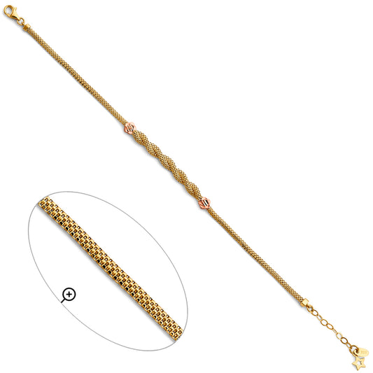 14K Two-Tone Gold Adjustable Mesh Bracelet with Rose Gold Flower Accents