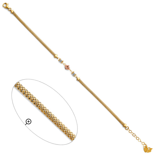 14K Tri-Color Gold Adjustable Mesh Bracelet with Bead and Flower Accents