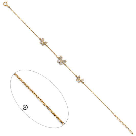 14K Yellow Gold Adjustable Butterfly Design Bracelet with Cubic Zirconia