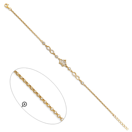 14K Yellow Gold Adjustable Infinity and Crown Design Bracelet with Cubic Zirconia