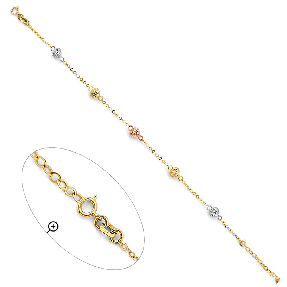 14K Tri-Color Gold Adjustable Heart Design Bracelet