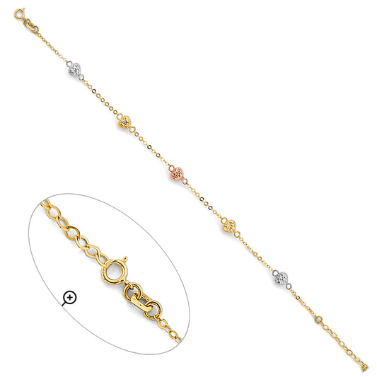 14K Tri-Color Gold Adjustable Heart Design Bracelet