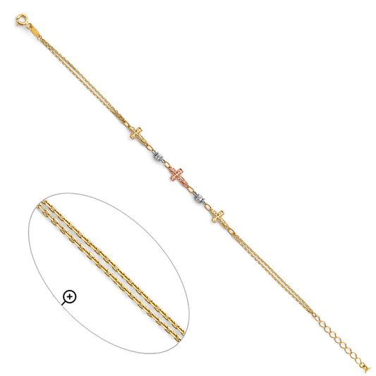 14K Tri-Color Gold Adjustable Cross Design Bracelet