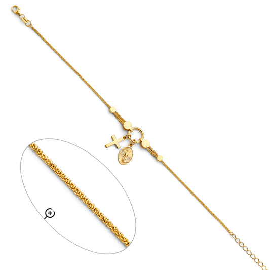14K Yellow Gold Adjustable Guadalupe and Cross Charm Bracelet