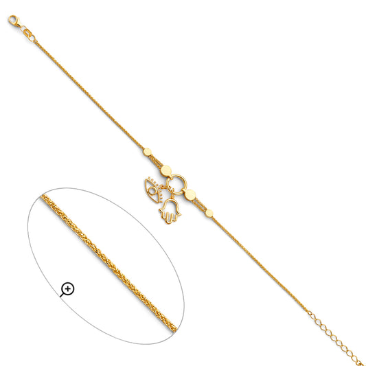 14K Yellow Gold Adjustable Hamsa and Evil Eye Charm Bracelet