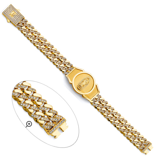 14K Yellow Gold Men’s Semi-Solid Monaco Link Bracelet with Guadalupe Medallion and CZ Accents