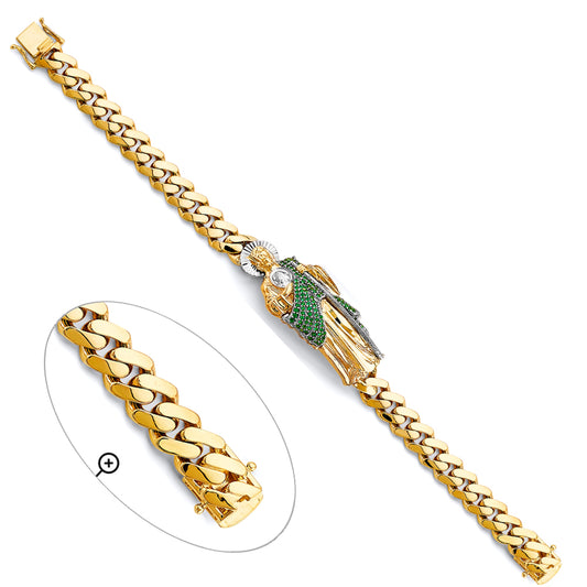14K Tri-Color Gold Men’s Semi-Solid Monaco Link Large San Judas Bracelet with Green CZ Stones