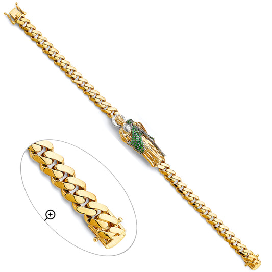 14K Tri-Color Gold Men’s Semi-Solid Monaco Link San Medium Judas Bracelet with Green CZ Stones