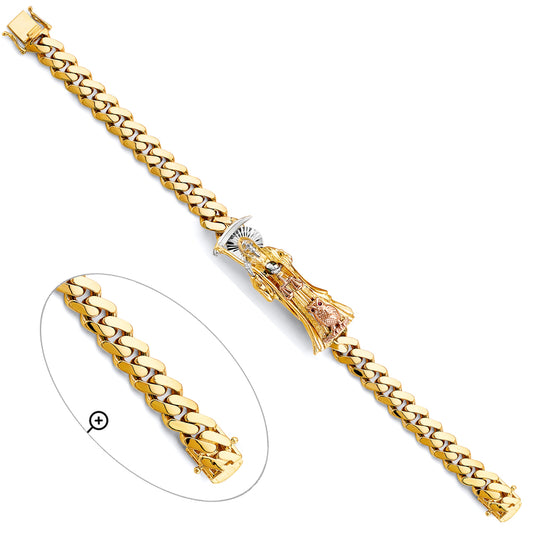 14K Tri-Color Gold Men’s Semi-Solid Monaco Link Large Santa Muerte Bracelet