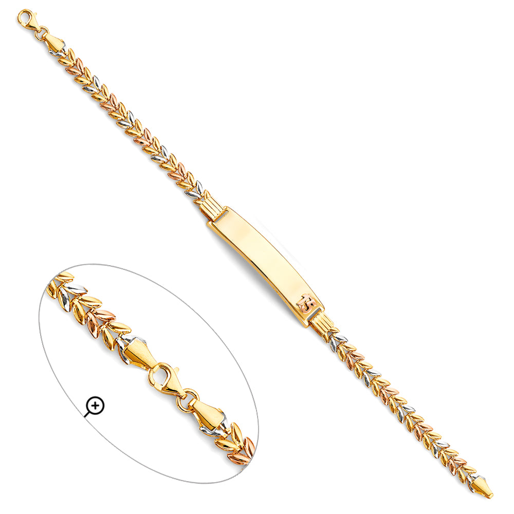 14K Tri-Color Gold Quinceañera Bracelet with Polished ID Plate and Number “15” Accent