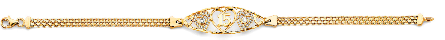 14K Yellow Gold Quinceañera Bracelet with Heart Motifs and CZ Accents Featuring Number “15”