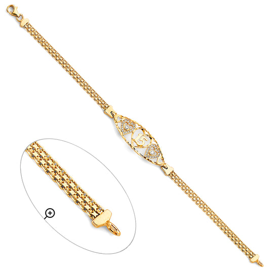 14K Yellow Gold Quinceañera Bracelet with Heart Motifs and CZ Accents Featuring Number “15”