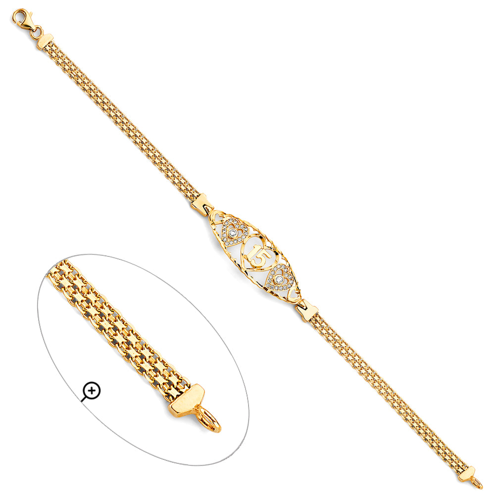 14K Yellow Gold Quinceañera Bracelet with Heart Motifs and CZ Accents Featuring Number “15”