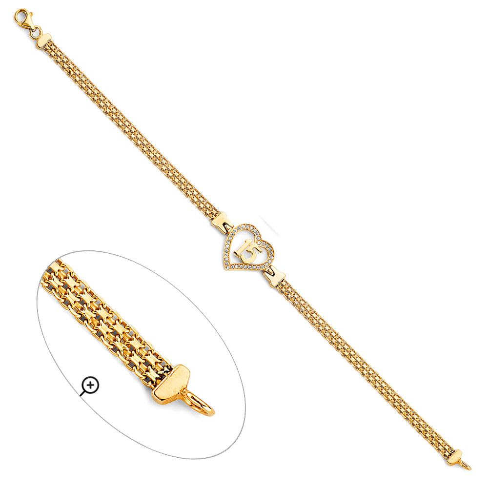 14K Yellow Gold Quinceañera Bracelet with Heart Design and CZ Accents