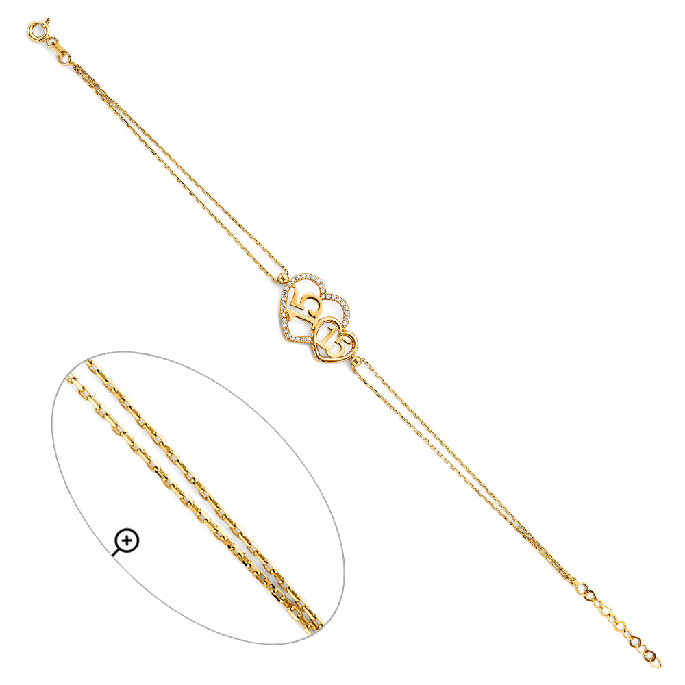 14K Yellow Gold Quinceañera Bracelet with Double Heart Design and CZ Accents