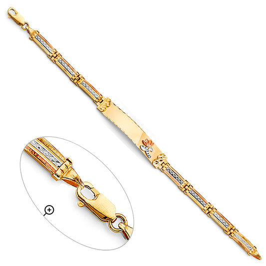 14K Tri-Color Gold ID Bracelet with Rose and Leaf Design