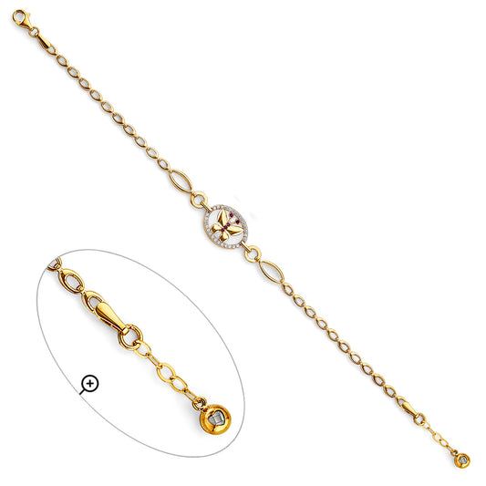 14K Yellow Gold Butterfly Design Bracelet with Ruby Accents and Cubic Zirconia
