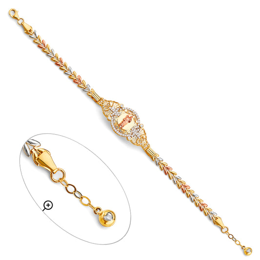 14K Tri-Color Gold San Judas Filigree Design Bracelet with Cubic Zirconia