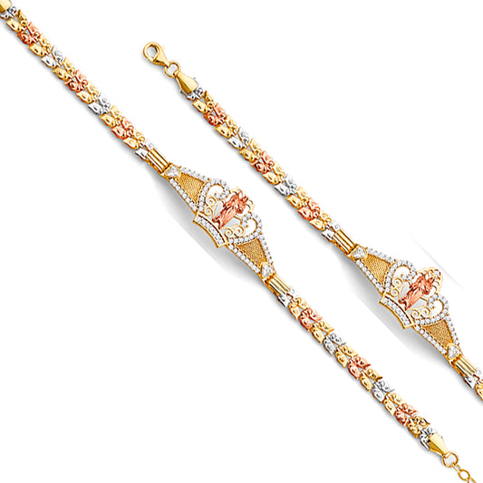 14K Tri-Color Gold San Judas Crown Design Bracelet with Cubic Zirconia