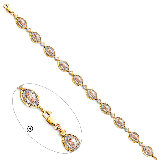 14K Tri-Color Gold San Judas Oval Link Bracelet with CZ Accents