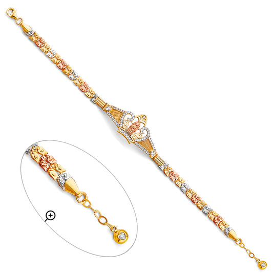14K Tri-Color Gold Virgen de Guadalupe Crown Design Bracelet with Cubic Zirconia