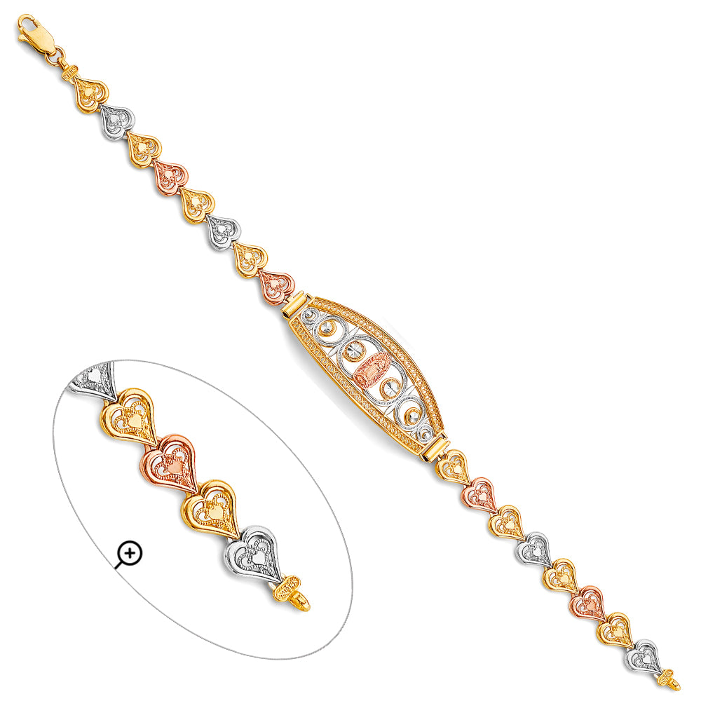 14K Tri-Color Gold Virgen de Guadalupe Filigree Heart Link Bracelet