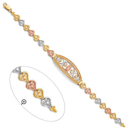 14K Tri-Color Gold Virgen de Guadalupe Filigree Heart Link Bracelet