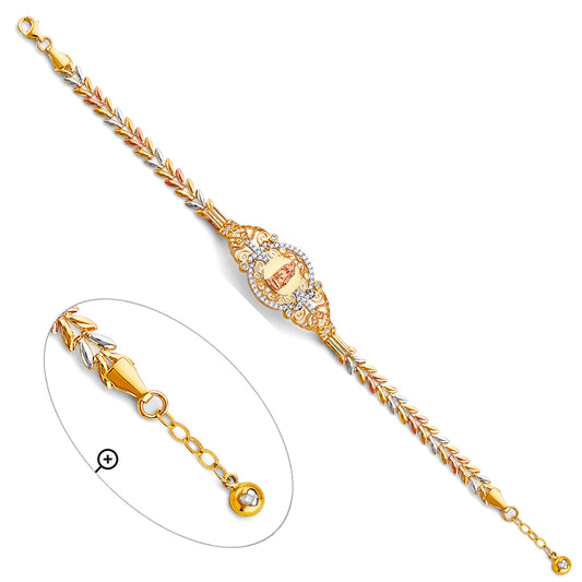 14K Tri-Color Gold Virgen de Guadalupe Filigree Design Bracelet with Cubic Zirconia