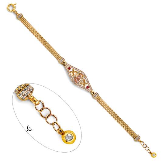 14K Two-Tone Gold Virgen de Guadalupe Filigree Bracelet with Cubic Zirconia and Synthetic Ruby Accents