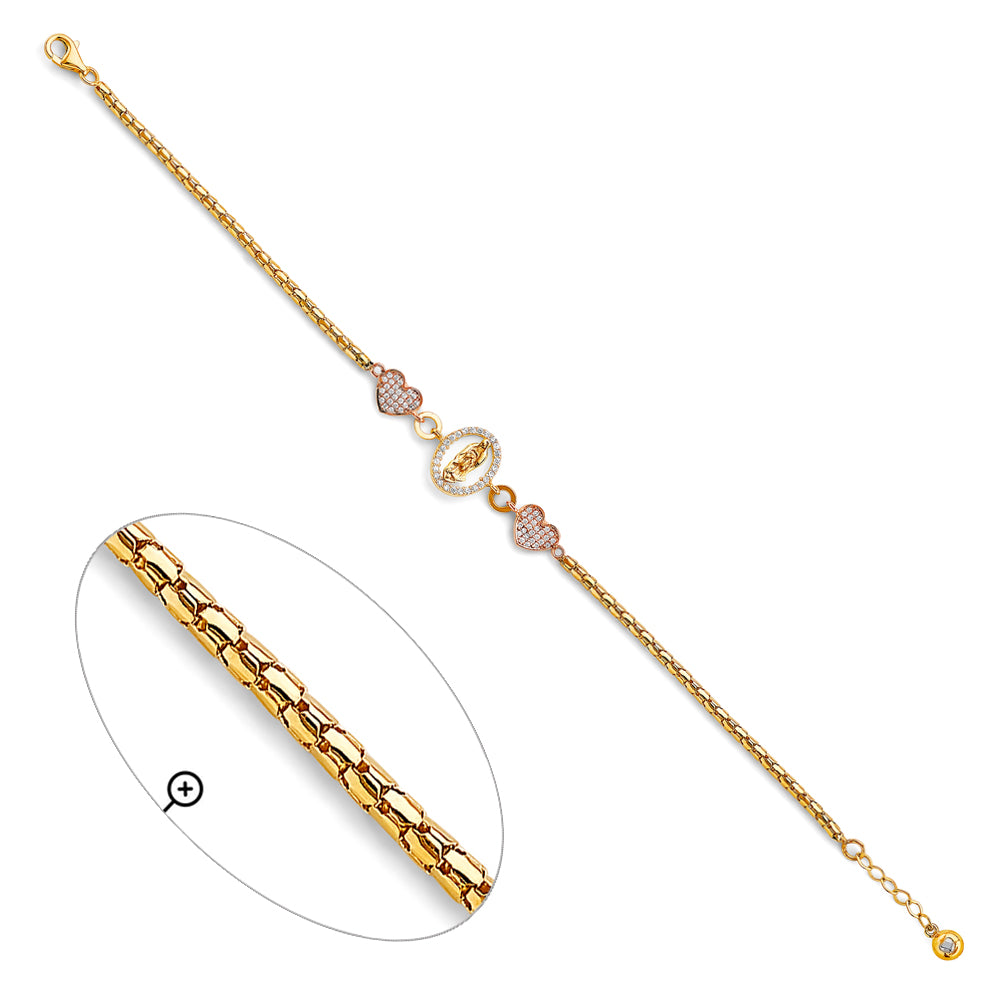14K Two-Tone Gold Virgen de Guadalupe and Heart Design Bracelet with Cubic Zirconia