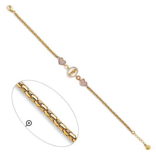 14K Two-Tone Gold Virgen de Guadalupe and Heart Design Bracelet with Cubic Zirconia