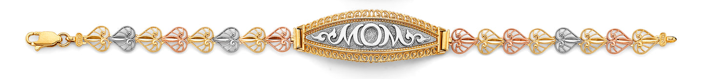 14K Tri-Color Gold Filigree Mother’s Bracelet with Elongated Center Showcasing “MOM”