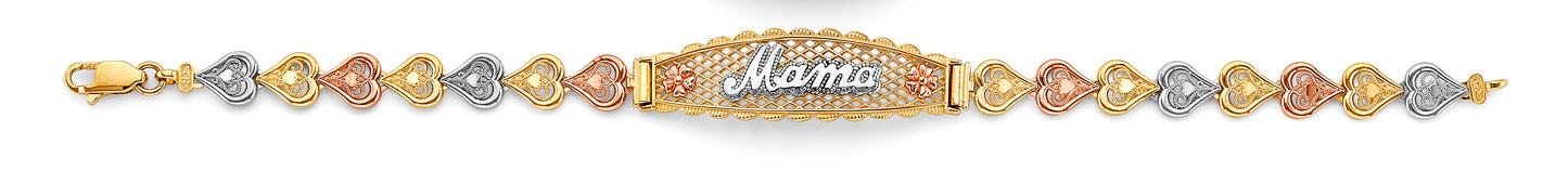 14K Tri-Color Gold Filigree Mother’s Bracelet with Elongated Center Showcasing “Mama”