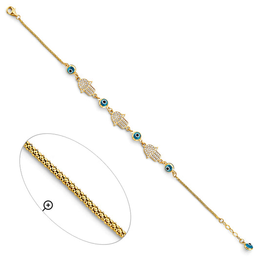 14K Yellow Gold Women's Hamsa and Evil Eye Bracelet with CZ Accents