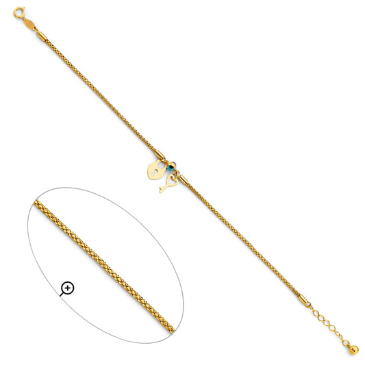 14K Yellow Gold Women's Heart Lock and Key Bracelet with Evil Eye Charm