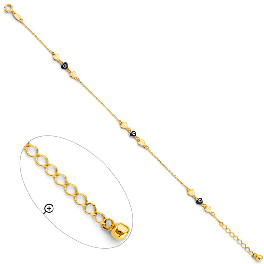 14K Yellow Gold Women's Bracelet with Hearts and Evil Eye Charms