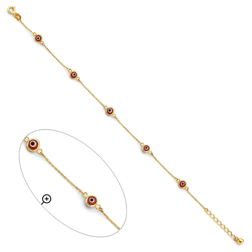 14K Yellow Gold Women's Bracelet with Red Evil Eye Charms