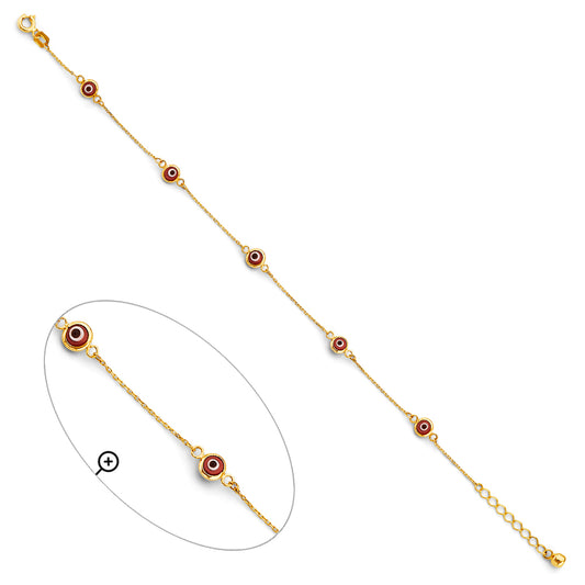 14K Yellow Gold Women's Bracelet with Red Evil Eye Charms