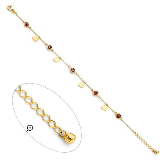 14K Yellow Gold Women's Bracelet with Red Evil Eye and Heart Charms