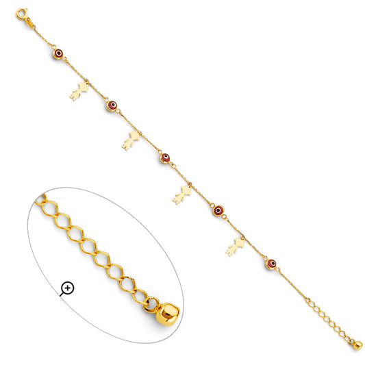 14K Yellow Gold Women's Bracelet with Red Evil Eye and Girl Charms