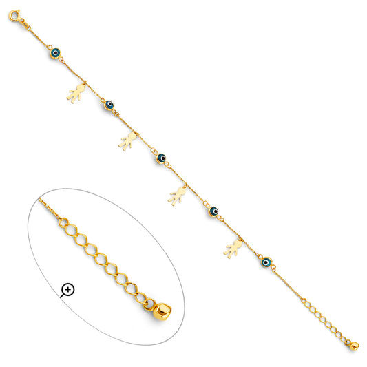 14K Yellow Gold Women's Bracelet with Dark Blue Evil Eye and Girl Charms